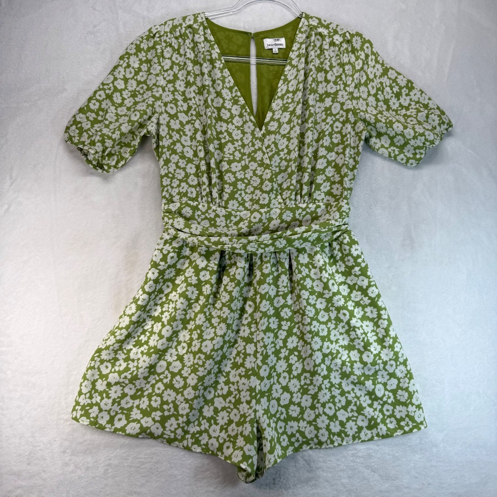 Heartloom Floral Print Emory Romper Green White Short Sleeve V Neck Size S